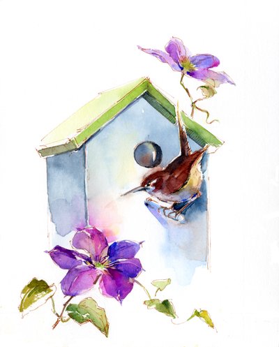 Wren with birdhouse and clematis, 2016 by John Keeling