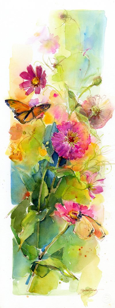 Zinnias and butterflies, 2015 by John Keeling