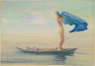 Girl in Bow of Canoe Spreading Out Her Loin-Cloth for a Sail, Samoa by John La Farge