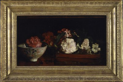 Flowers in Japanese Tray on Mahogany Table by John La Farge or Lafarge