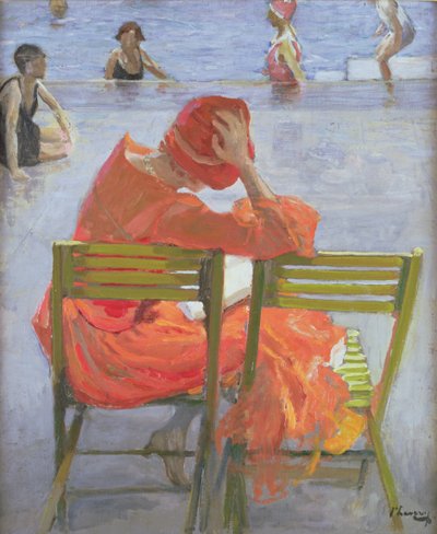 Girl in a red dress reading by a swimming pool by John Lavery