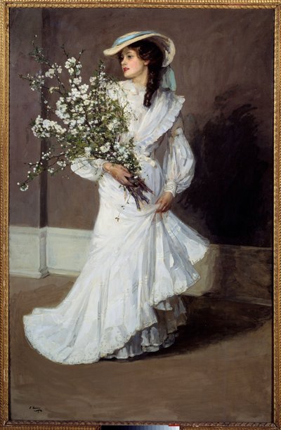 Spring. Allegory of Spring: Portrait of a Woman Clothed in White with a Bouquet of Flowers. Painting by Sir John Lavery (1856-1941) by John Lavery