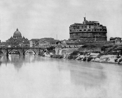San Angelo castle and bridge over Tiber river, in the background: basilica Saint Peter in Rome by John Lawson Stoddard