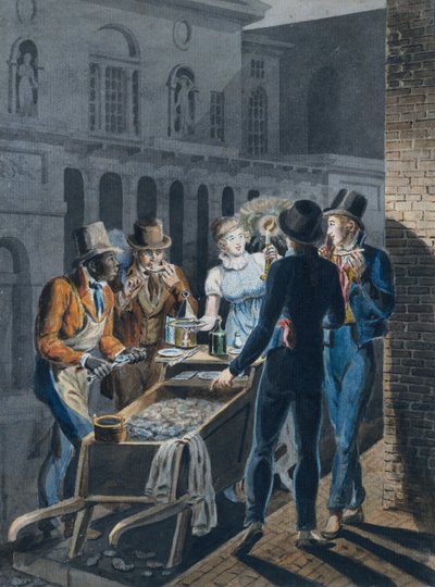 Nightlife in Philadelphia—an Oyster Barrow in front of the Chestnut Street Theater, 1811-ca. 1813 by John Lewis Krimmel