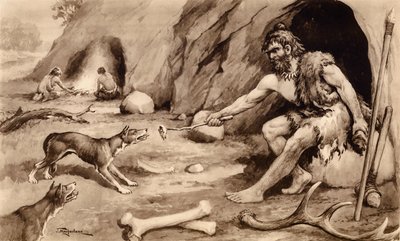 Cave man feeding dog by John Macfarlane
