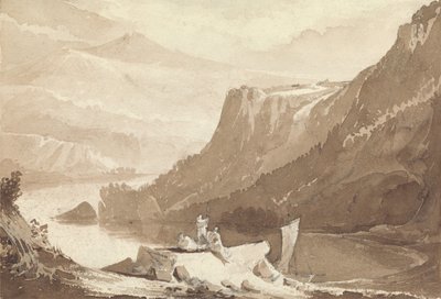 Mountainous Landscape with Figures and a Rock Above a Lake by John Martin