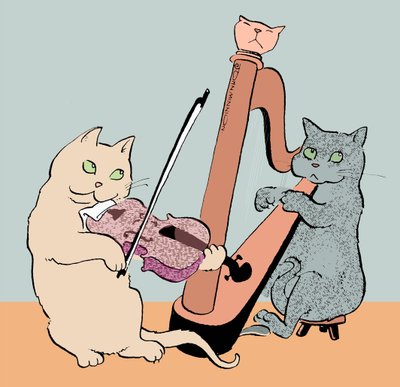 Caricature of two cats playing the harp and viola by John Minnion