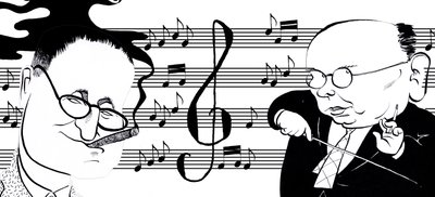 Hanns Eisler and Bertolt Brecht - caricature collage by John Minnion