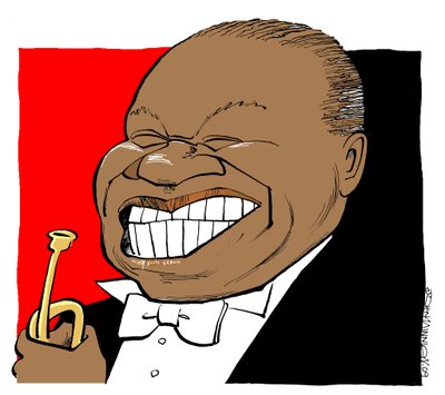 Louis Armstrong - caricature playing trumpet by John Minnion