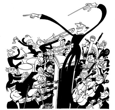 Orchestra and conductor - caricature by John Minnion
