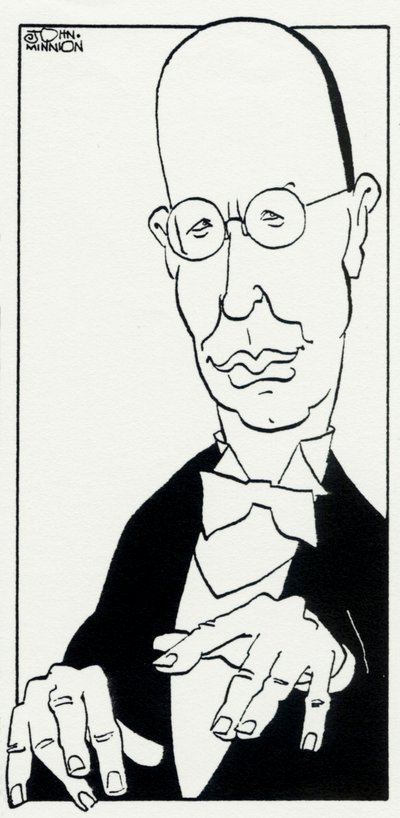 Prokofiev with hands poised above keyboard by John Minnion