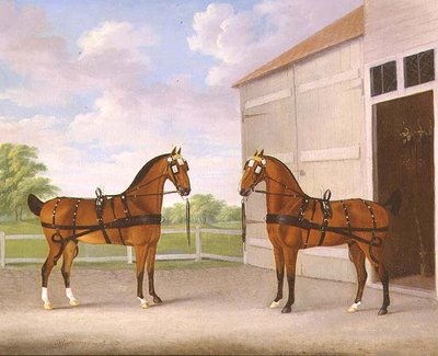 A Pair of Bay Carriage Horses in a Stable Yard by John Nott Sartorius