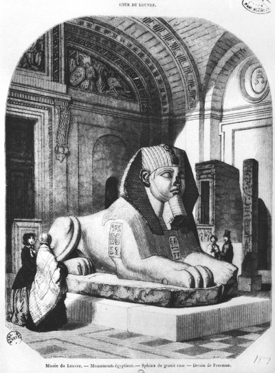 The Pink Granite Sphinx in the Egyptian rooms in the Louvre Museum, illustration from 