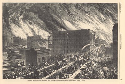 Chicago in flames - the rush for life over the Randolph Street Bridge, illustration from Harper
