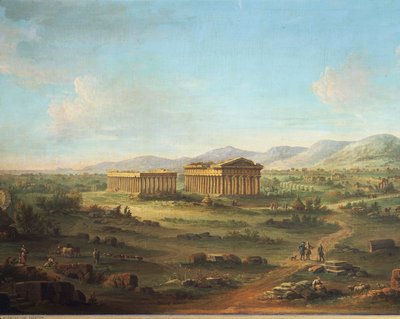 Two great temples of Paestum, Basilica on left and Temple of Neptune or Poseidon on right, by John Robert Cozens by John Robert Cozens