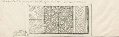 Uttoxeter Church - Colored tiles found under floor of North Aisle: pen and wash drawing, nd [mid 19th century] by John Robert Fernyhough