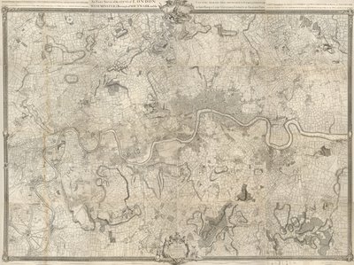 An 18th Century Map of London. An Exact Survey of the Cities of London, Westminster, the Borough of Southwark and the Country Near Ten Miles Around Begun in 1741 & Ended in 1745 by John Rocque Land Surveyor & Engraved by Richard Parr by John Rocque