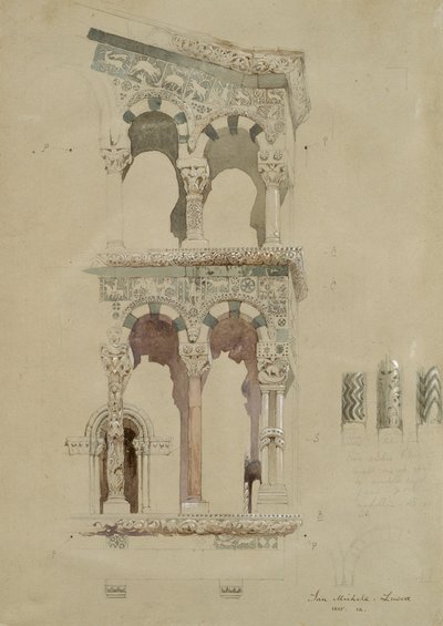 Part of the Facade of the destroyed Church of San Michele in Foro, Lucca, as it appeared in 1845 by John Ruskin