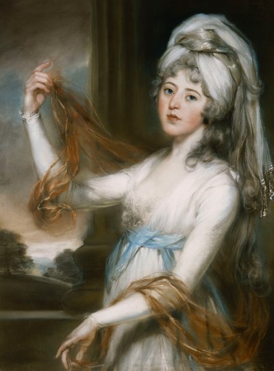 Portrait of Sarah, wife of Walker King, Bishop of Rochester, three quarter length, in a white dress with a blue sash by John Russell