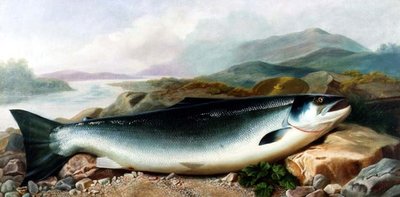 Still Life of a Salmon on a Riverbank in a Mountainous Landscape by John Russell
