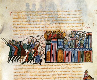 Attacking a stronghold, miniature from "Synopsis historiarum" by John Scylitzes
