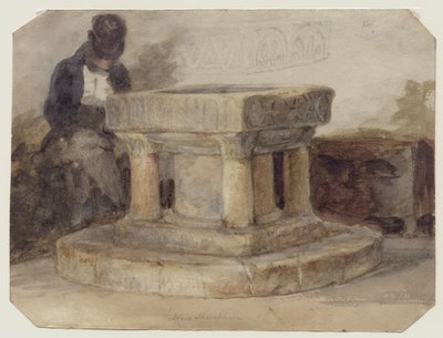 The Font of New Shoreham Church, West Sussex, with the Artist, William Scott of Brighton Sleeping by John Sell (style of) Cotman