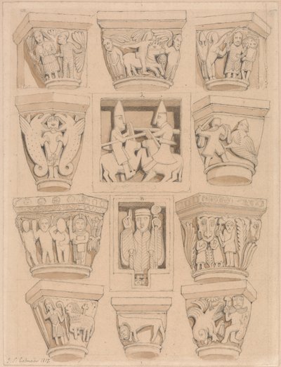 Capitals and A & B Bas-Reliefs in the Abbey Church of Saint Georges de Bocherville, near Rouen, Normandy by John Sell Cotman