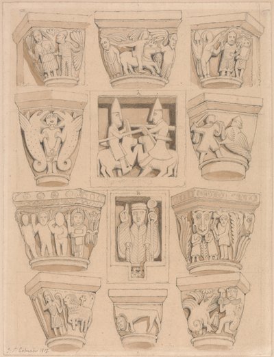 Capitals and A & B Bas-Reliefs in the Abbey Church of Saint Georges de Bocherville, near Rouen, Normandy by John Sell Cotman