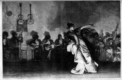 El Jaleo - Gypsy Dances. Guitarists and flamenco dancer. Engraving after the painting by John Singer Sargent (1856-1925) by John Singer (after) Sargent