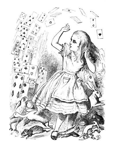A pack of cards flying up over Alice by John Tenniel