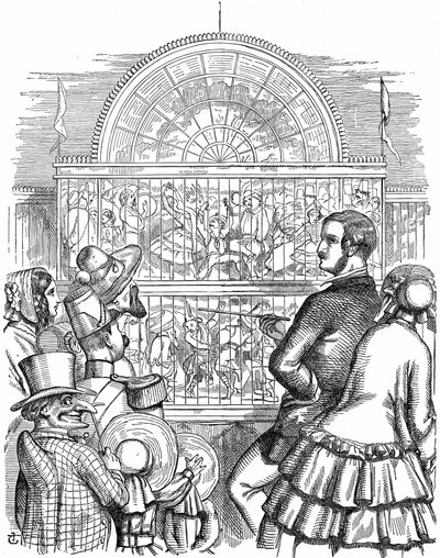 Albert, Prince Consort of Queen Victoria, showing off the Crystal Palace and the Great Exhibition in Hyde Park, London. John Tenniel cartoon from Punch London 1851. Wood engraving by John Tenniel