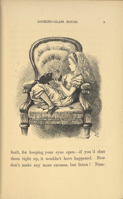 Alice sitting in a chair playing with a kitten by John Tenniel