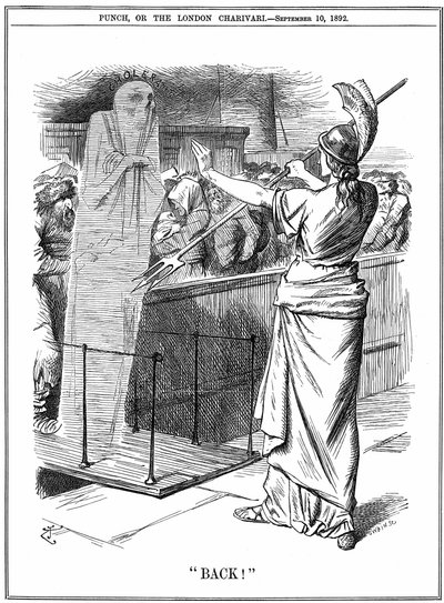 Britannia holding back Cholera at British ports. In the outbreak of 1892 about 260,000 died in Russia and 7,600 in Hamburg. The epidemic was prevented in Britain. John Tenniel cartoon from Punch London 10 September 1892. by John Tenniel