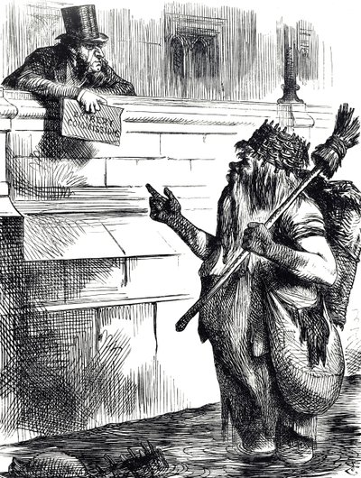 Cartoon commenting on the dirtiness of the Thames and the investigations into bribery during elections at Great Yarmouth, Reigate and Lancaster by John Tenniel