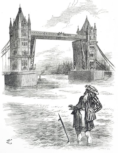 Cartoon depicting Father Thames admiring Tower Bridge, London by John Tenniel