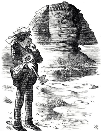 Cartoon depicting Prime Minister Benjamin Disraeli holding the Suez Canal as the key to the British possession and influence in India by John Tenniel