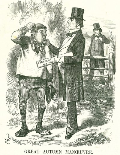Great Autumn Manoeuvre: Gladstone thought that eventually the vote must be given to agricultural labourers (Hodge). At this time his premiership was shaky and Disraeli is waiting to take his place. John Tenniel cartoon from Punch, London, 9 August 1873. by John Tenniel
