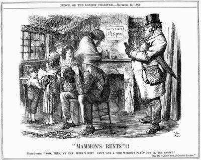 Housing conditions of poor labouring family, partly caused by high rents. Well-fed and warmly clothed rent collector demands payment from tenants of miserable dwelling. by John Tenniel