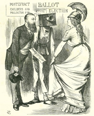 Hugh Childers (1827-1896) British parliamentarian, telling Britannia of the success of the new Ballot Box. John Tenniel cartoon from Punch, London, 24 August 1872. by John Tenniel