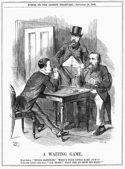 Lord Randolph Churchill trying to make Charles Stewart Parnell show his hand and let Churchill and Hartington know how he will use Parnellite votes he commands in House of Commons. John Tenniel cartoon from Punch 18 September 1886 by John Tenniel