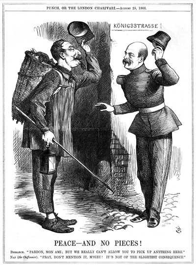 Napoleon III dressed as a rag-picker, warned off by Otto von Bismarck by John Tenniel