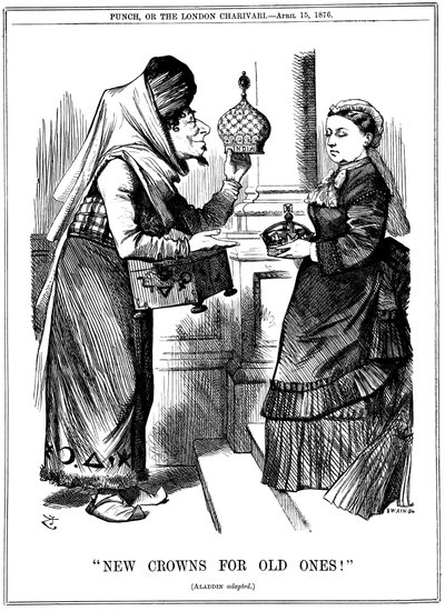 New Crowns for Old Ones!, Benjamin Disraeli offering the crown of India to Queen Victoria, 1876 by John Tenniel