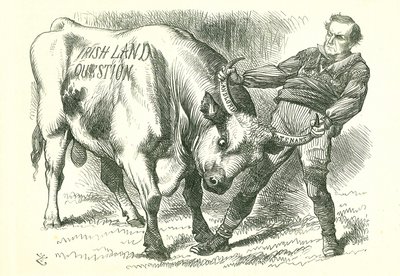 Taking the (Irish) Bull by the Horns: Bill passed by Parliament on 15 February 1870 and received royal assent on 8 July. William Gladstone, Prime Minister, dealing with the issue. John Tenniel cartoon from Punch, London, 26 February 1870. by John Tenniel