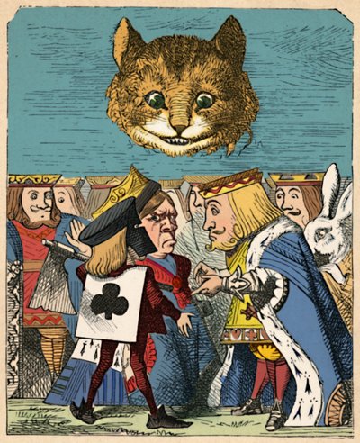 The Cheshire Cat looking down at the Red King and Queen having an argument, 1889 by John Tenniel