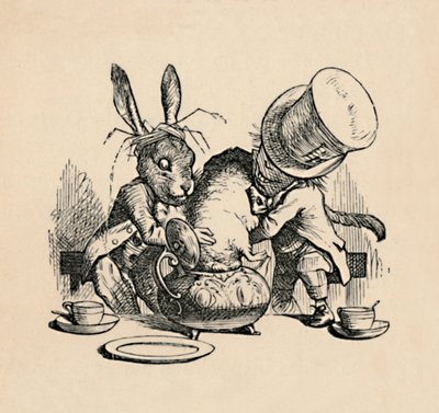 The Mad Hatter and March hare trying to put the Dormouse into a teapot by John Tenniel