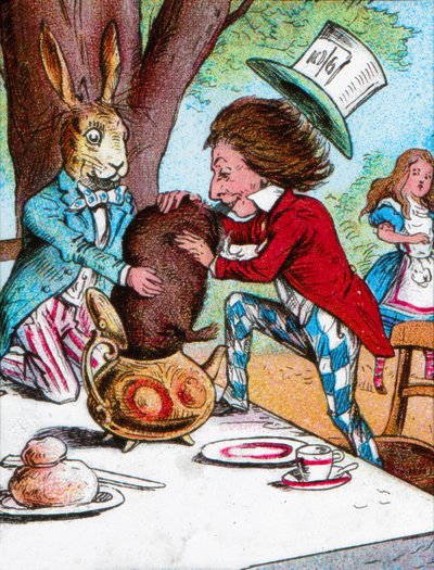 The Mad Hatter and the March Hare trying to put the Dormouse into a teapot by John Tenniel