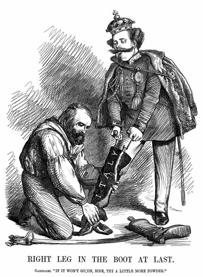 Unification of Italy: Giuseppe Garibaldi Helping Victor Emmanuel II Put on the Boot of Italy by John Tenniel