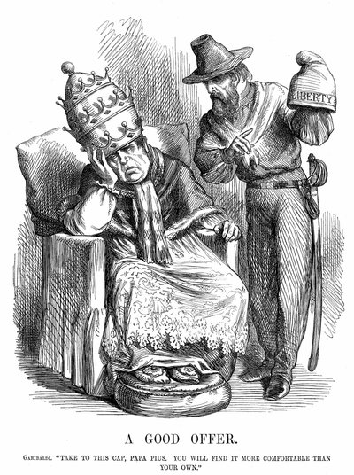 Unification of Italy: Giuseppe Garibaldi trying to persuade Pope Pius IX by John Tenniel
