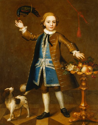 Portrait of a Boy, Full-Length, in a Brown Coat, Blue Waistcoat with Silver Braid, Holding a Cherry to a Parrot, a Spaniel to His Side, with Fruits on a Stand by John Theodore Heins