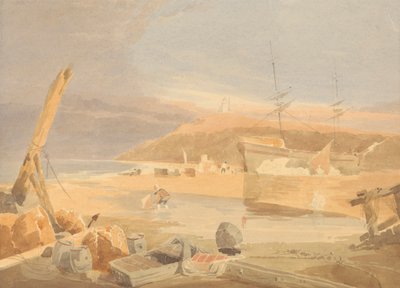 Shore Scene with Sailing Ship at Quay by John Thirtle